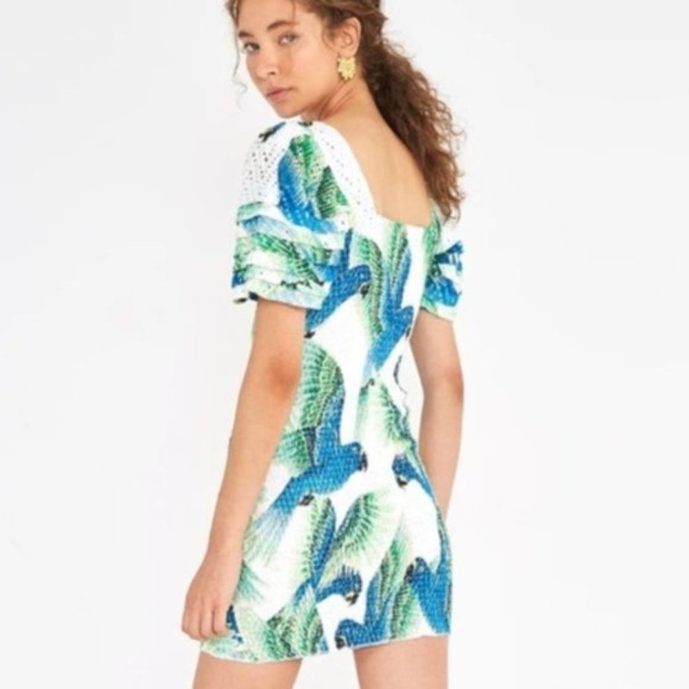 FARM Rio Blue and Green Parrot Mini Dress